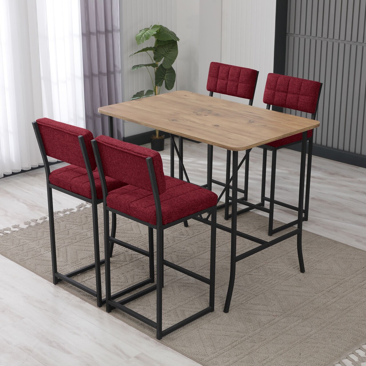 Set masa si 4 scaune de bar, Hanah Home, Retro, Burgundia / Nuc - imagine 7